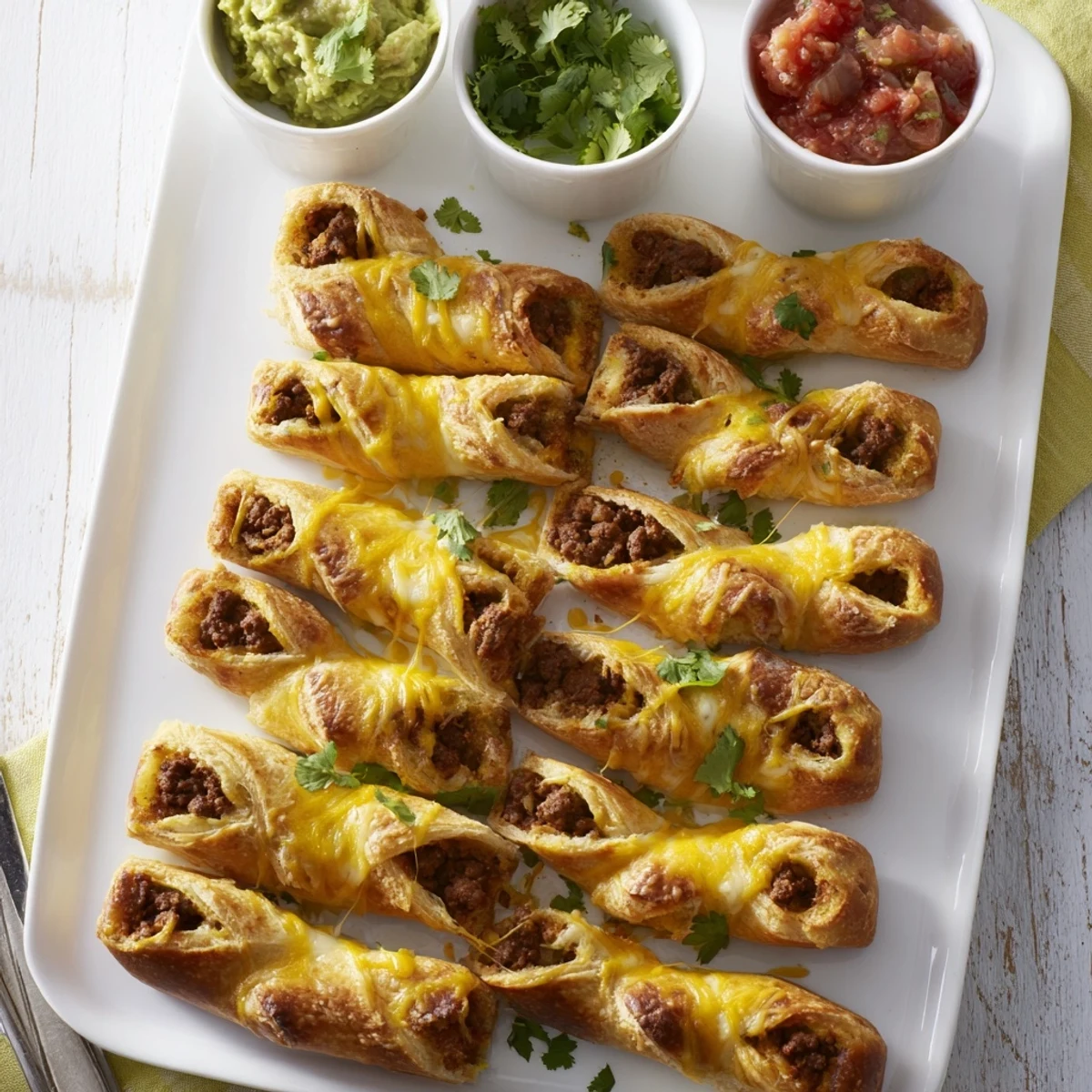 Warm cheesy taco sticks recipe baked until golden with seasoned ground beef and cheddar