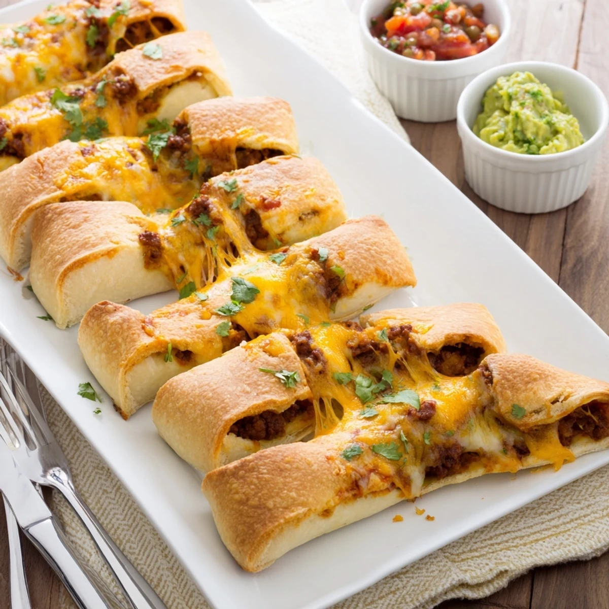 Handheld cheesy taco sticks recipe oozing with mozzarella and seasoned taco meat filling