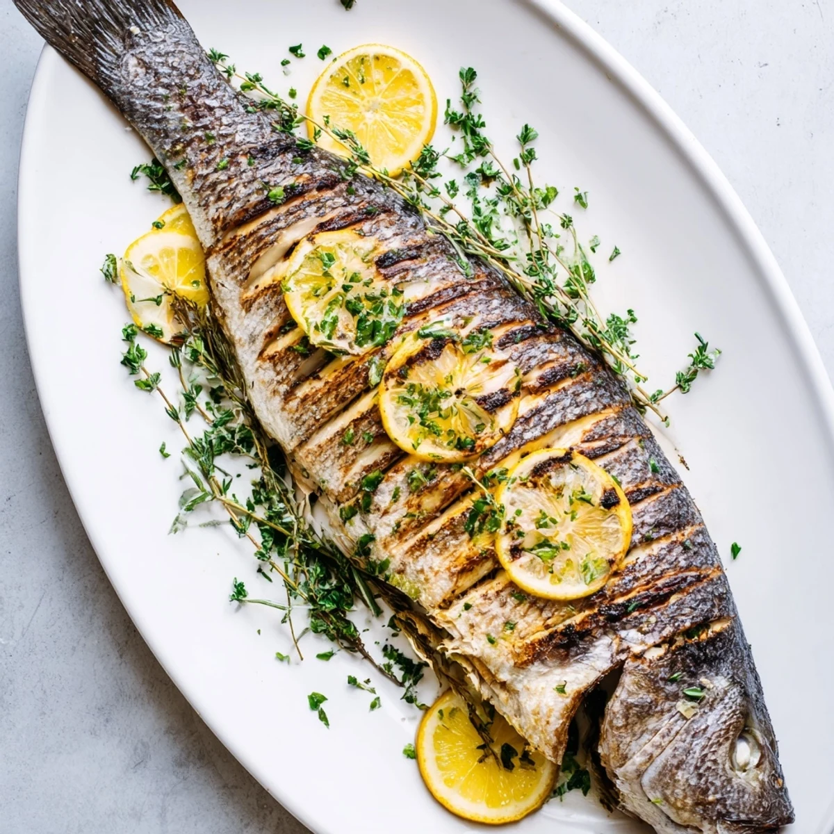 Golden whole roasted fish with crispy skin garnished with fresh parsley and lemon wedges on a platter