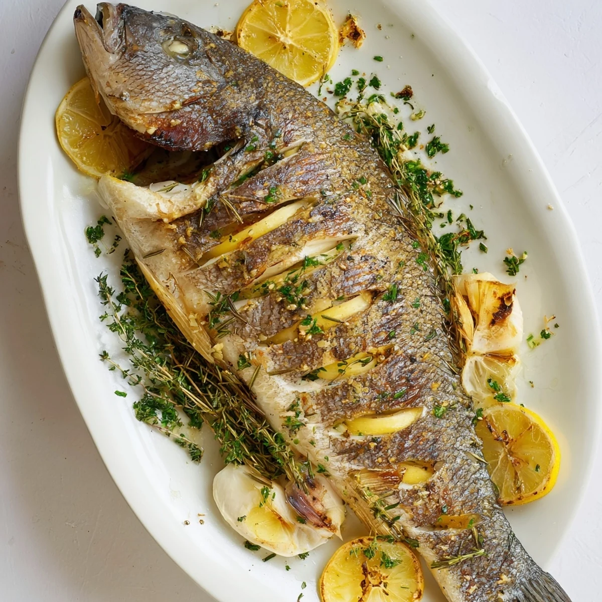 Mediterranean style whole roasted fish featuring beautifully crisp golden skin and aromatic herb citrus stuffing