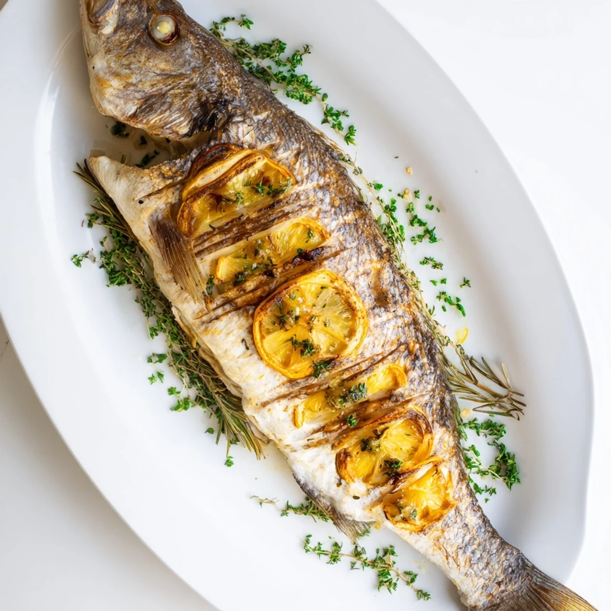 Perfectly cooked whole roasted fish displayed with charred lemon slices and bright green parsley sprinkles
