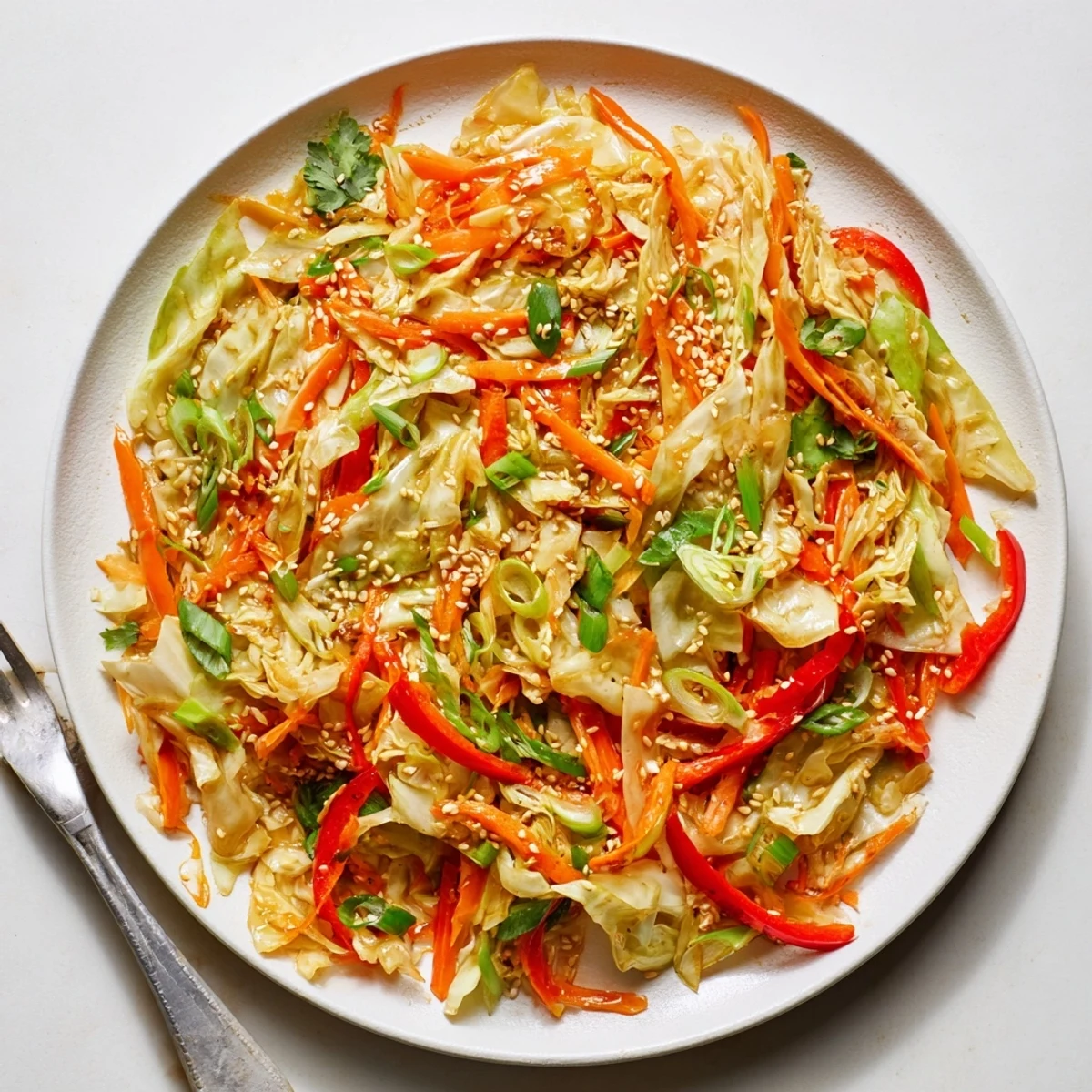 Colorful cabbage stir fry recipe featuring crisp green and red vegetables in a savory sesame soy sauce
