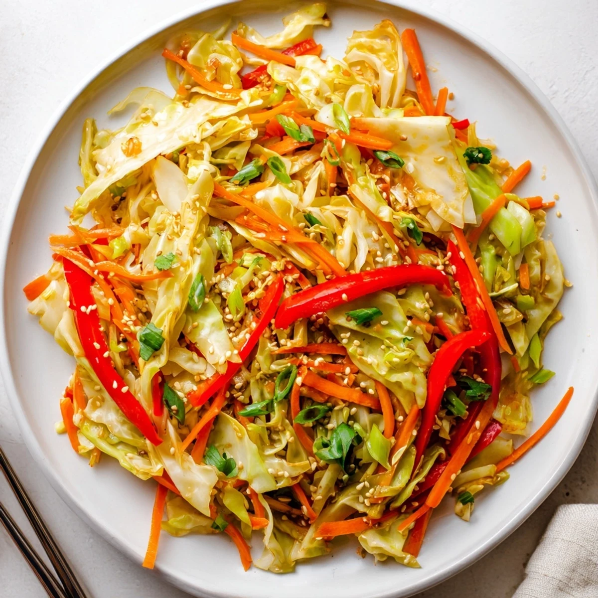 Vibrant Asian-inspired cabbage stir fry recipe with julienned carrots and bell peppers in a glossy glaze