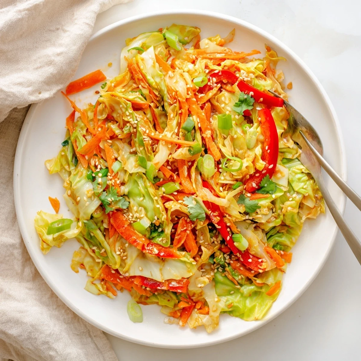 Fresh cabbage stir fry recipe with tender crisp vegetables coated in a savory aromatic sauce