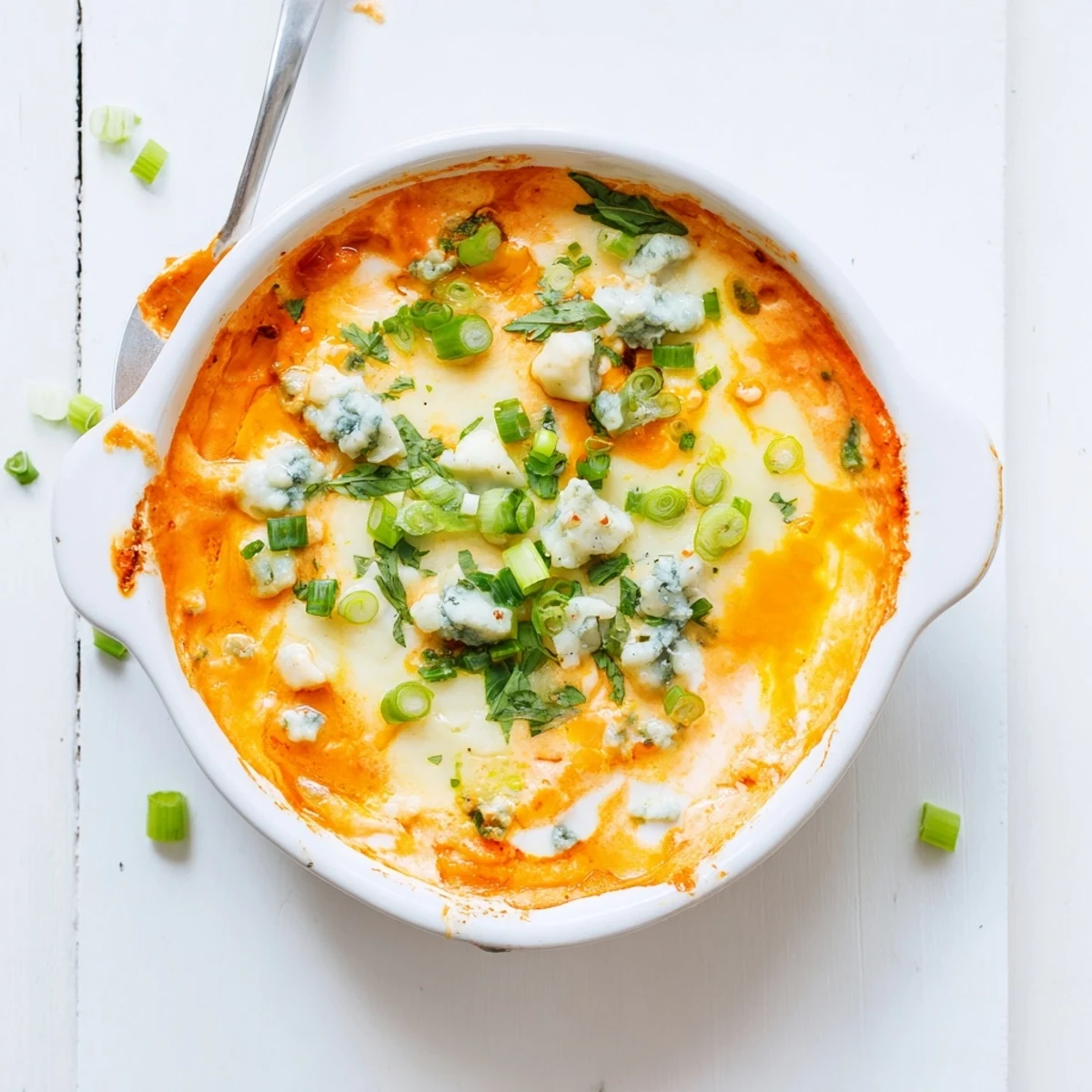 Creamy white bean buffalo dip with tangy sauce served warm with tortilla chips for game day
