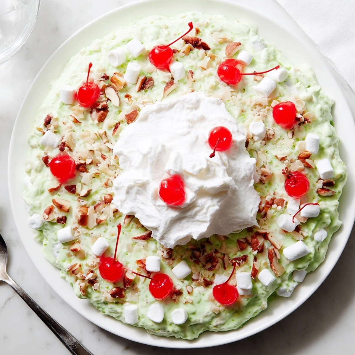 Fluffy green Watergate Salad with pistachio pudding, pineapple, marshmallows and whipped topping