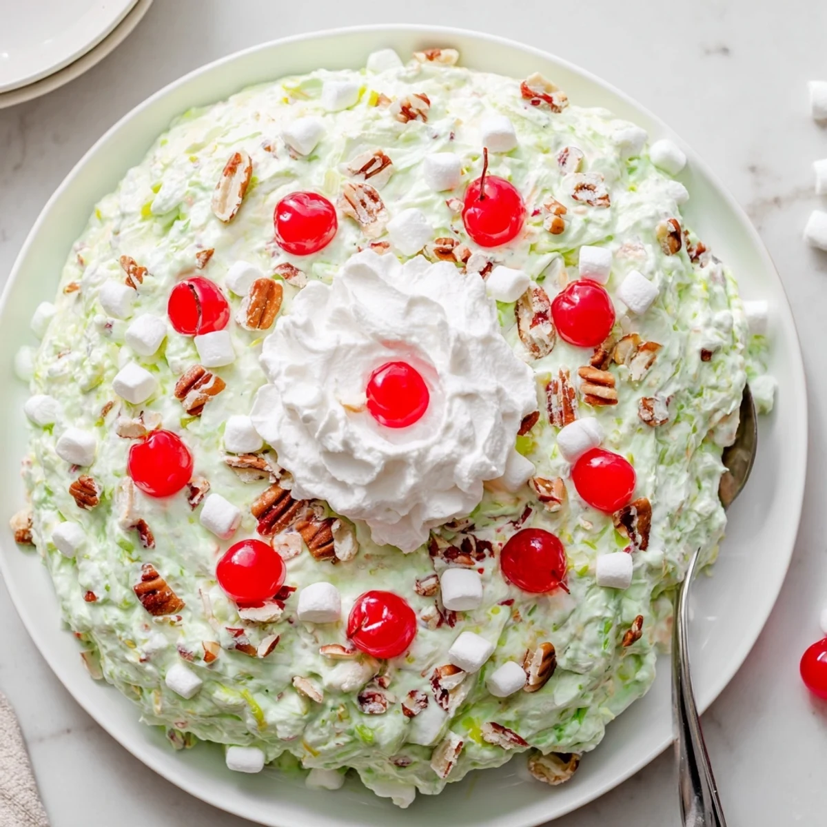 Vintage Watergate Salad in glass bowl garnished with maraschino cherries and chopped nuts