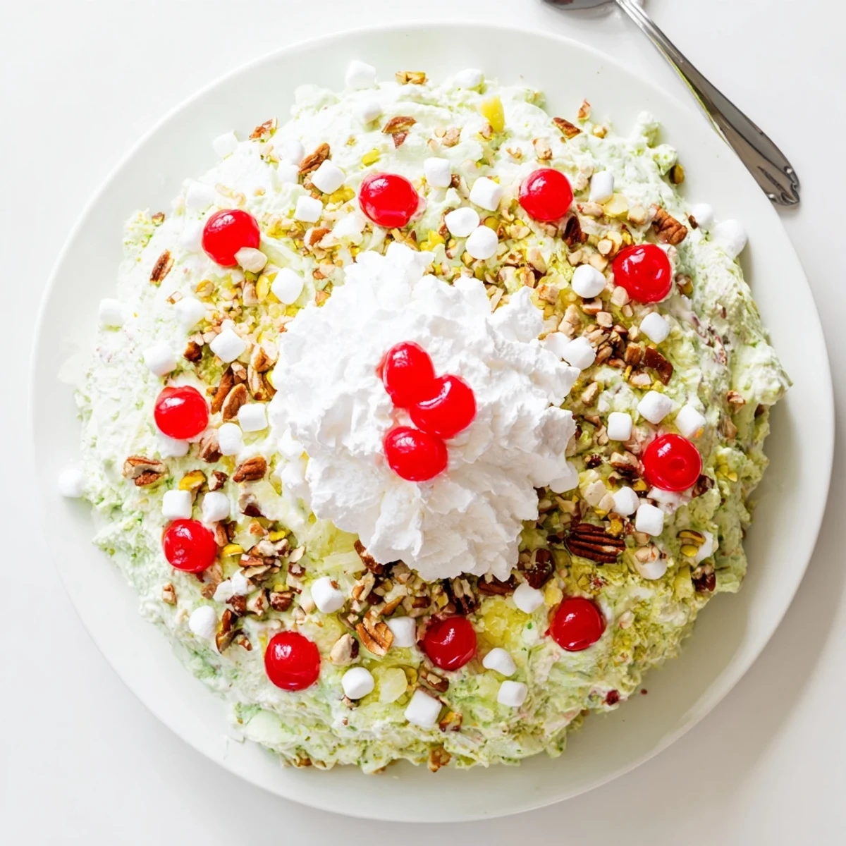 Creamy pistachio Watergate Salad featuring fluffy whipped topping and colorful marshmallow pieces