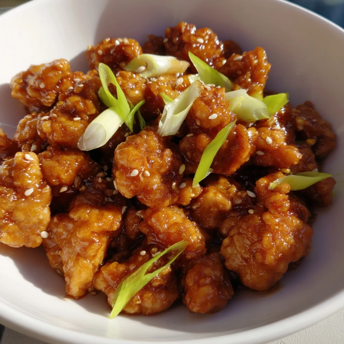 Savory ground chicken stir-fry with ginger, garlic, and green onions in a thick reddish-brown glaze