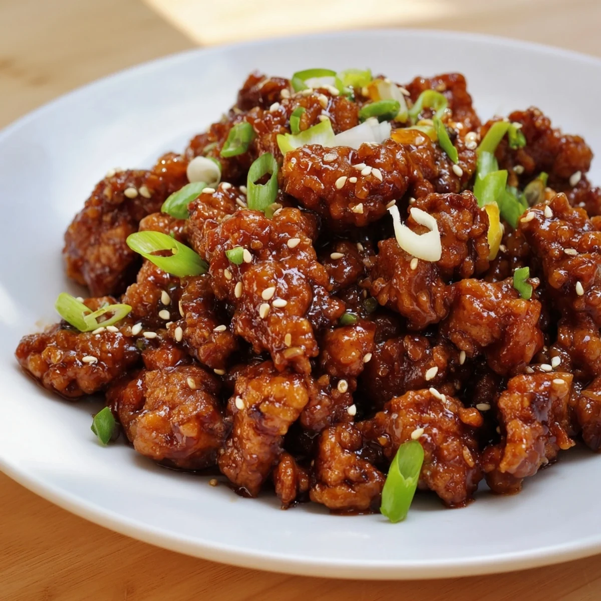 Golden brown ground chicken pieces coated in a glossy sweet and tangy General Tso sauce