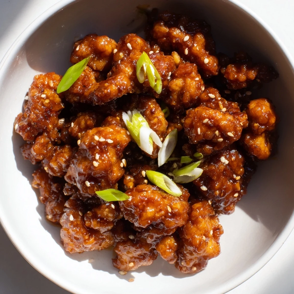 Easy weeknight General Tso's ground chicken dish served over rice with sesame seed garnish