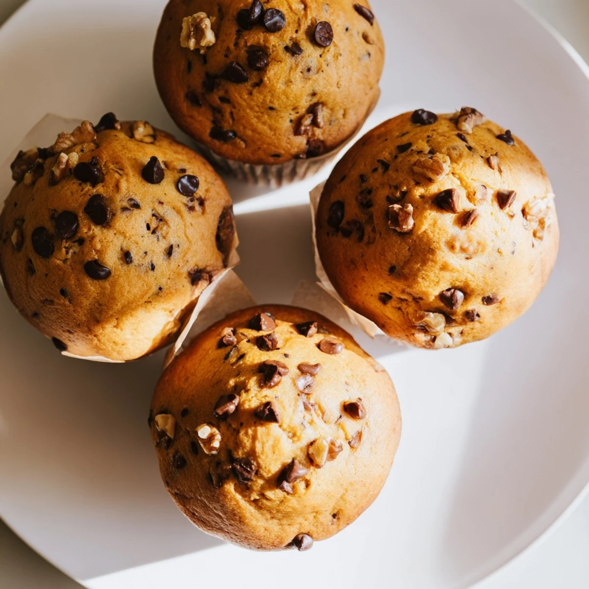 Golden banana espresso chocolate chip muffins topped with melty chocolate chunks on a wire cooling rack