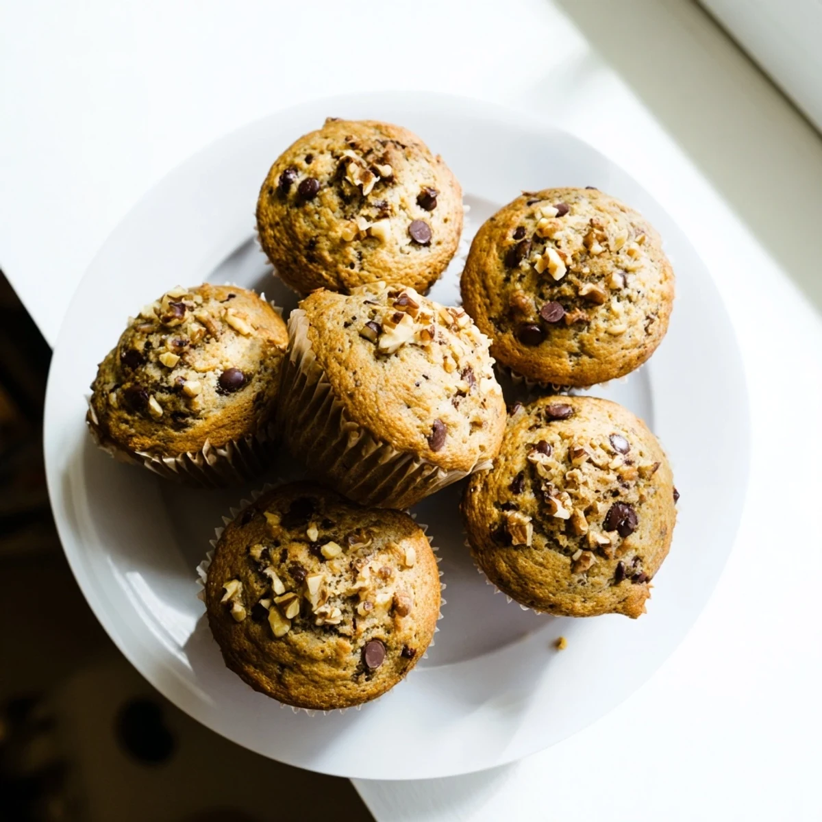 Moist banana espresso chocolate chip muffins recipe displaying a cracked texture with scattered chocolate chips