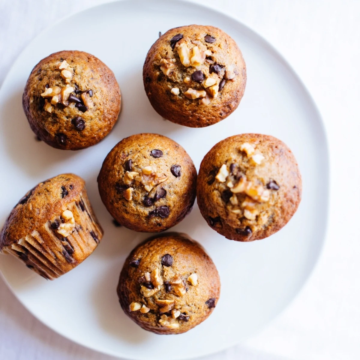 Freshly baked banana espresso chocolate chip muffins with domed tops and speckled chocolate visible throughout