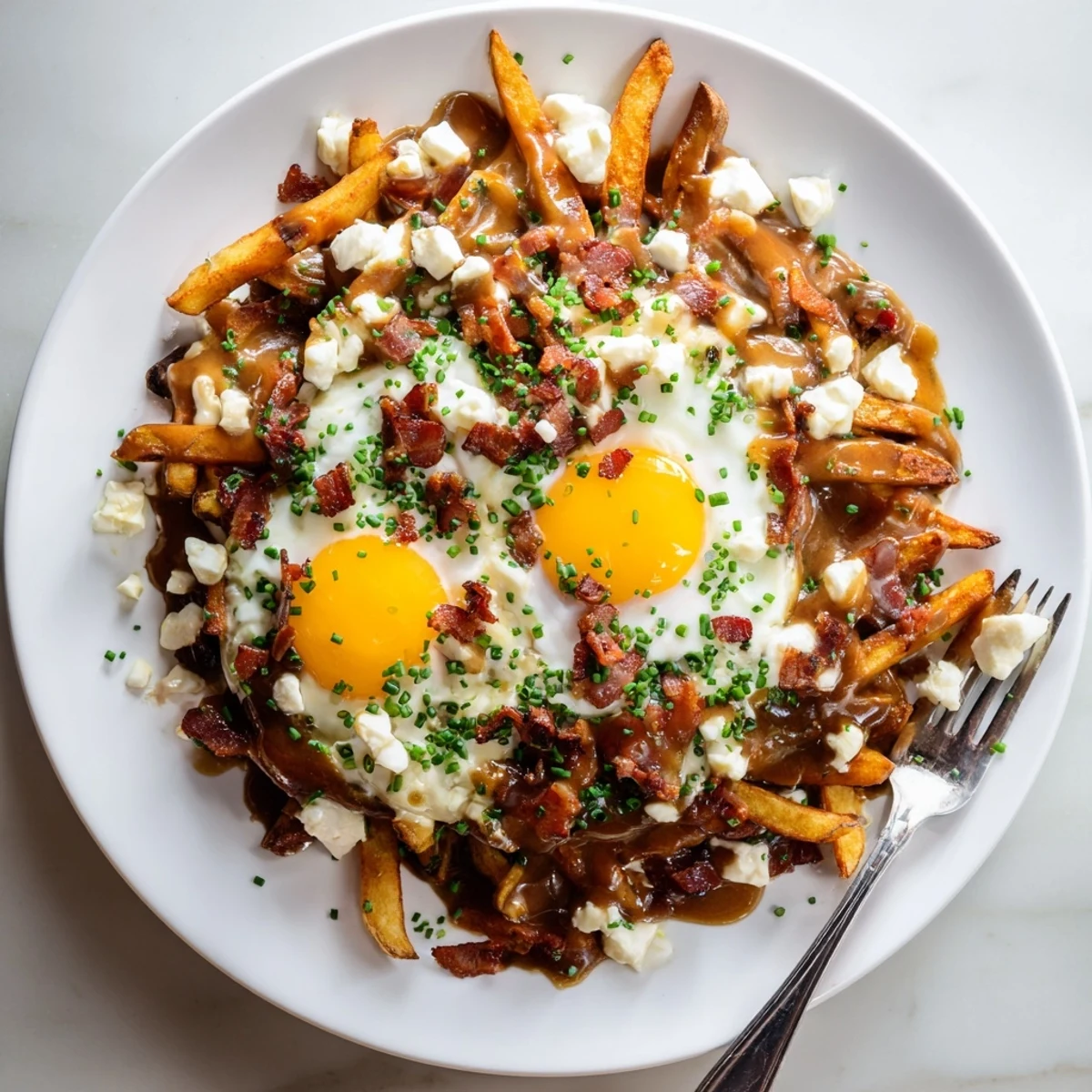 Golden crispy breakfast poutine topped with melty cheese curds, rich gravy, and perfectly fried eggs