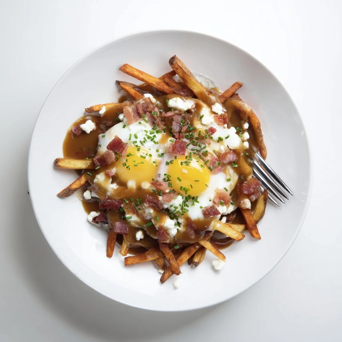 Decadent ultimate breakfast poutine featuring smoky bacon, fluffy eggs, and savory cheese curds over oven fries