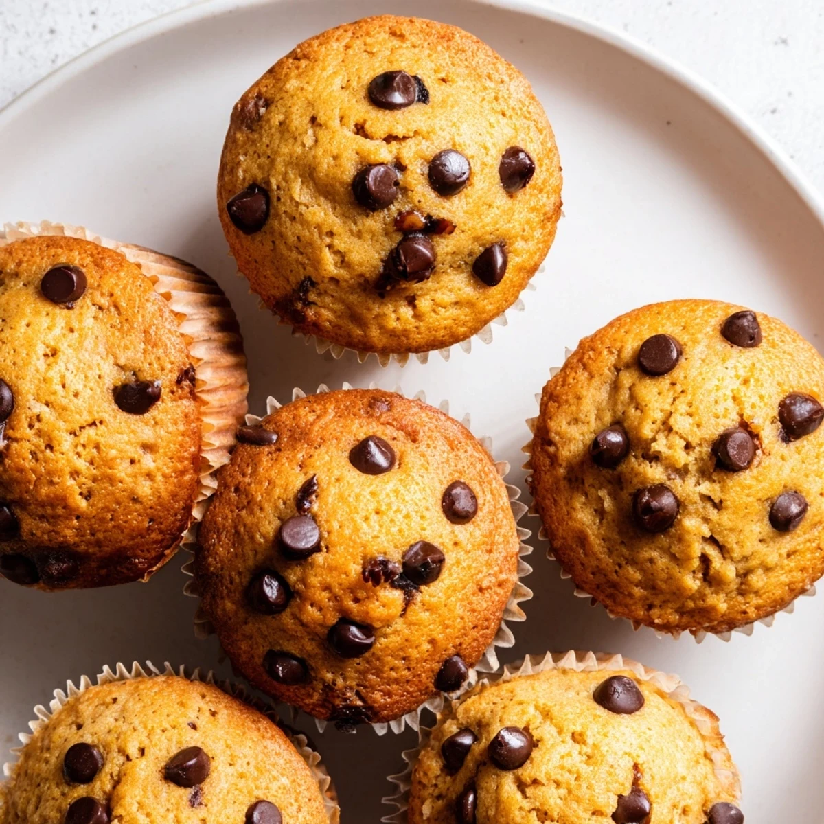 Golden banana chocolate chip muffins with melted chocolate chunks on top, fresh from the oven