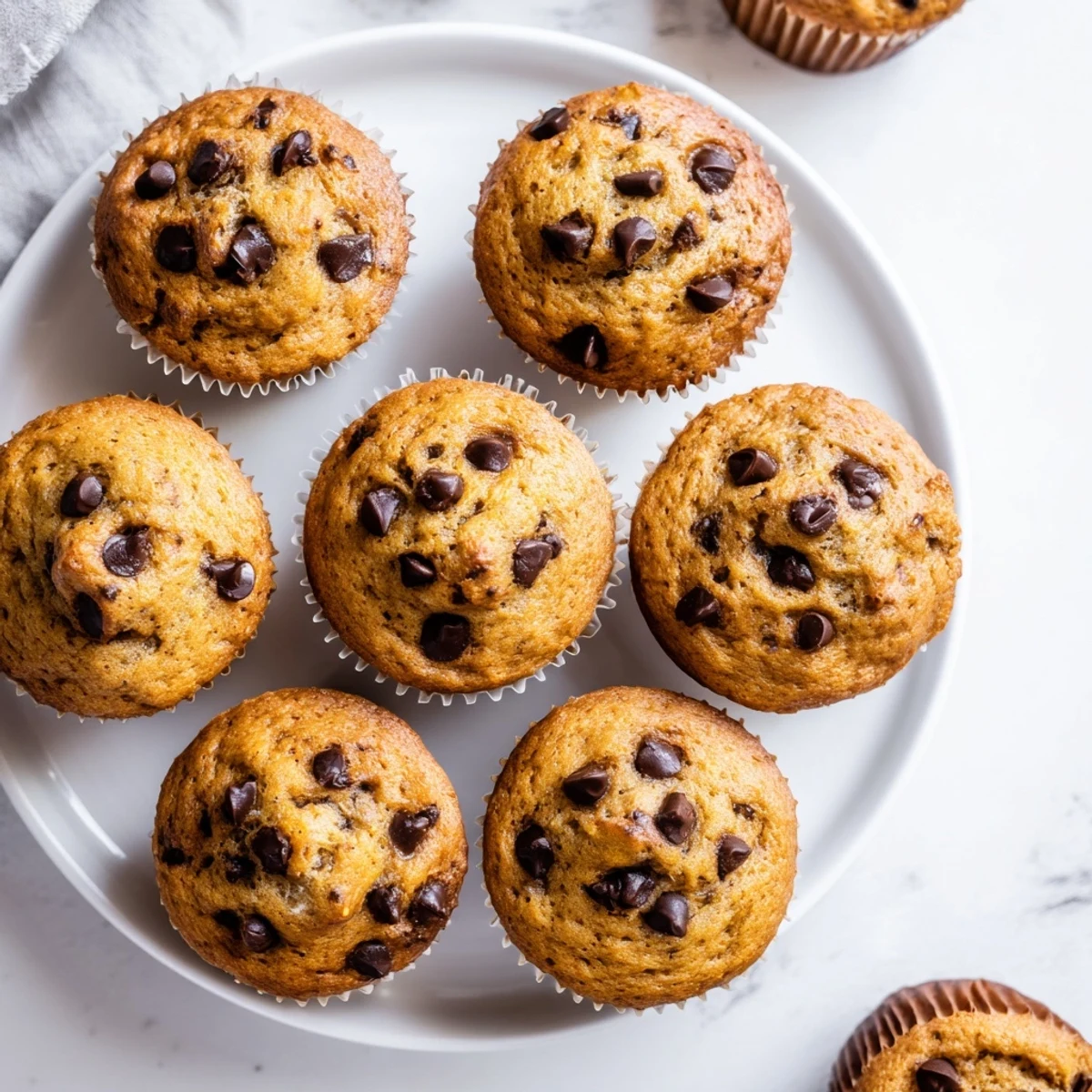 Moist fluffy banana muffins studded with semi-sweet chocolate chips, served on a wire cooling rack