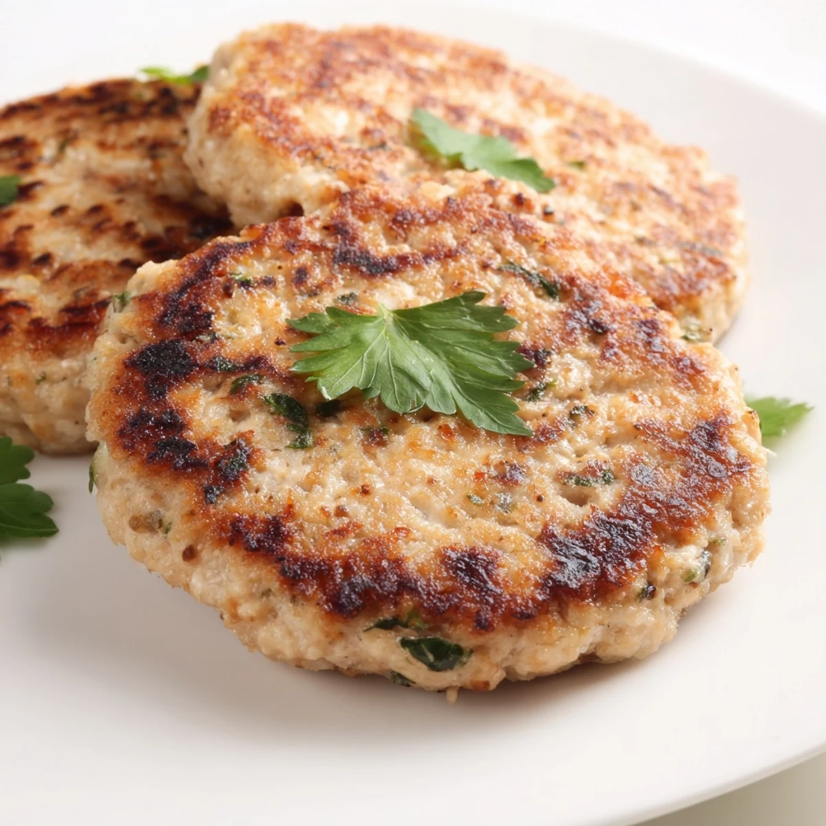 Golden brown turkey patties with arugula pea salad on a white serving plate