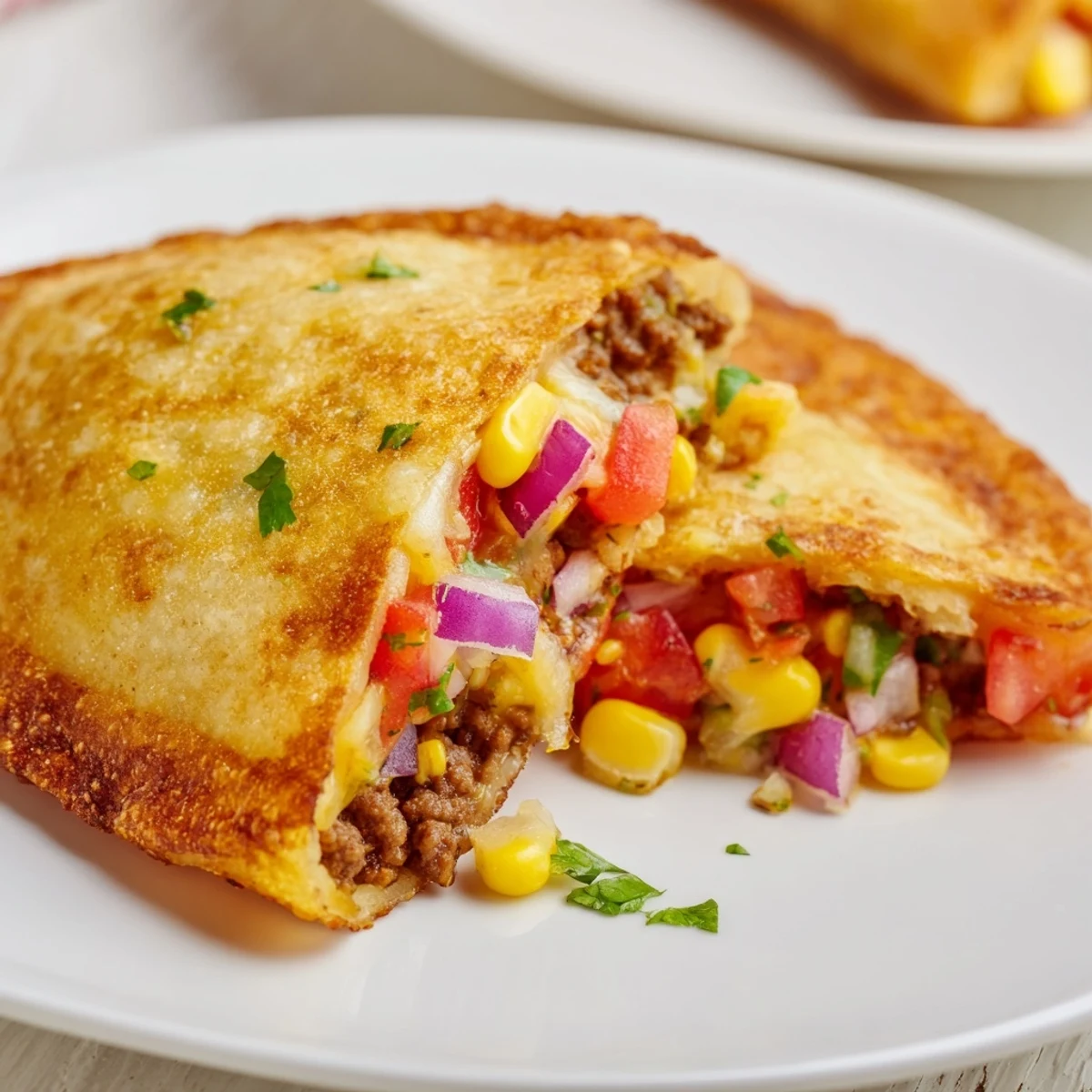 Crispy fried Mexican taco pockets arranged on serving plate with fresh garnishes and lime wedges