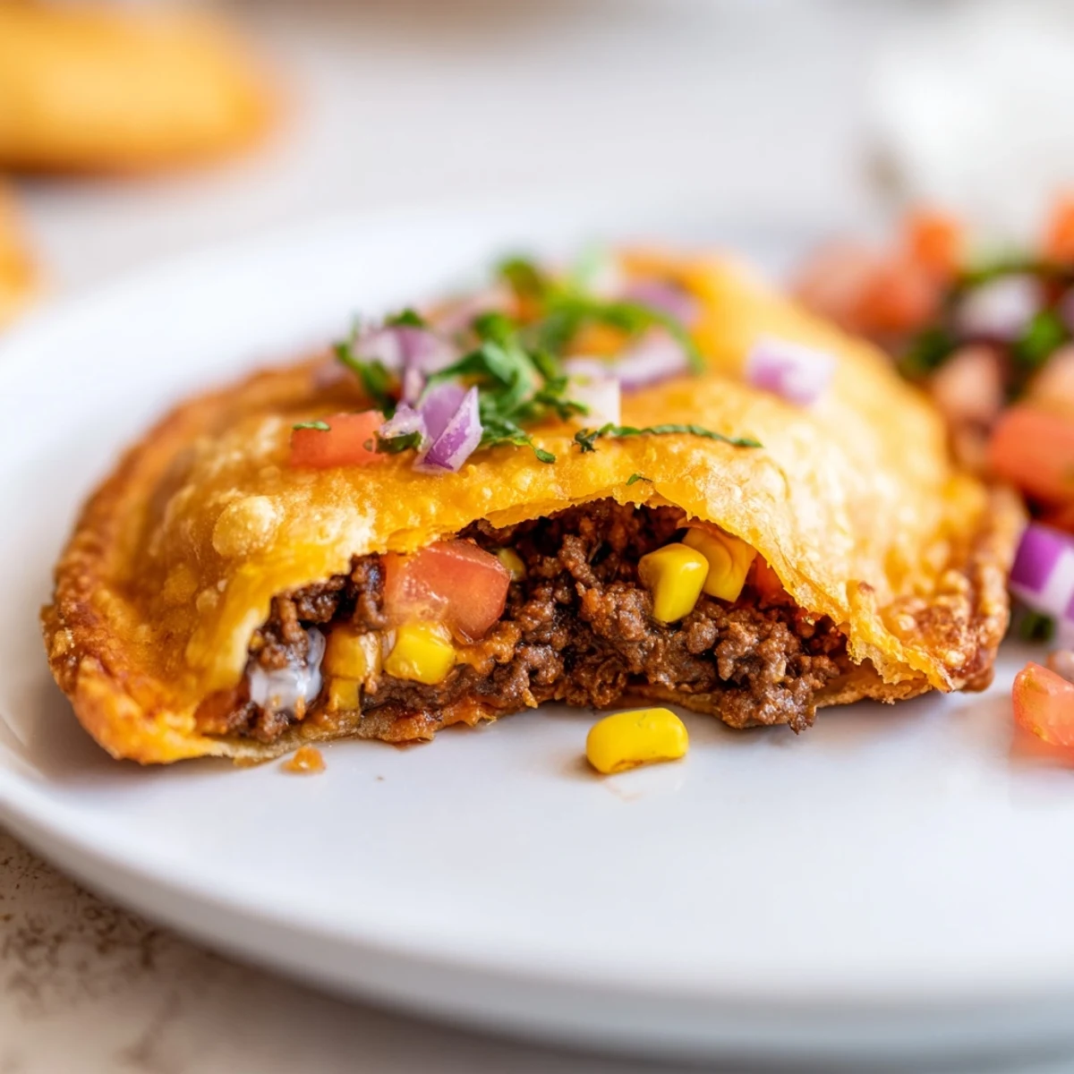 Bubbling spicy crispy Mexican taco pockets filled with seasoned beef and cheese ready for dipping