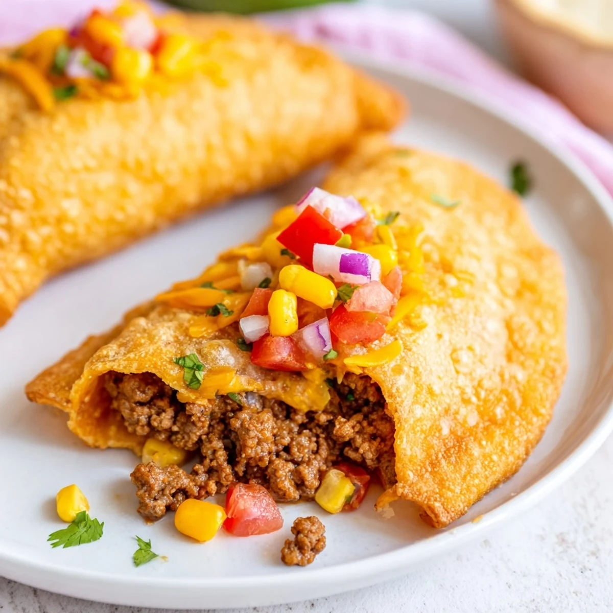 Golden brown spicy crispy Mexican taco pockets with melty cheddar cheese and seasoned ground beef filling