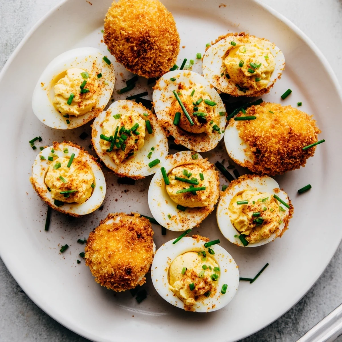 Golden fried deviled eggs with crispy panko coating and creamy yolk filling garnished with fresh chives