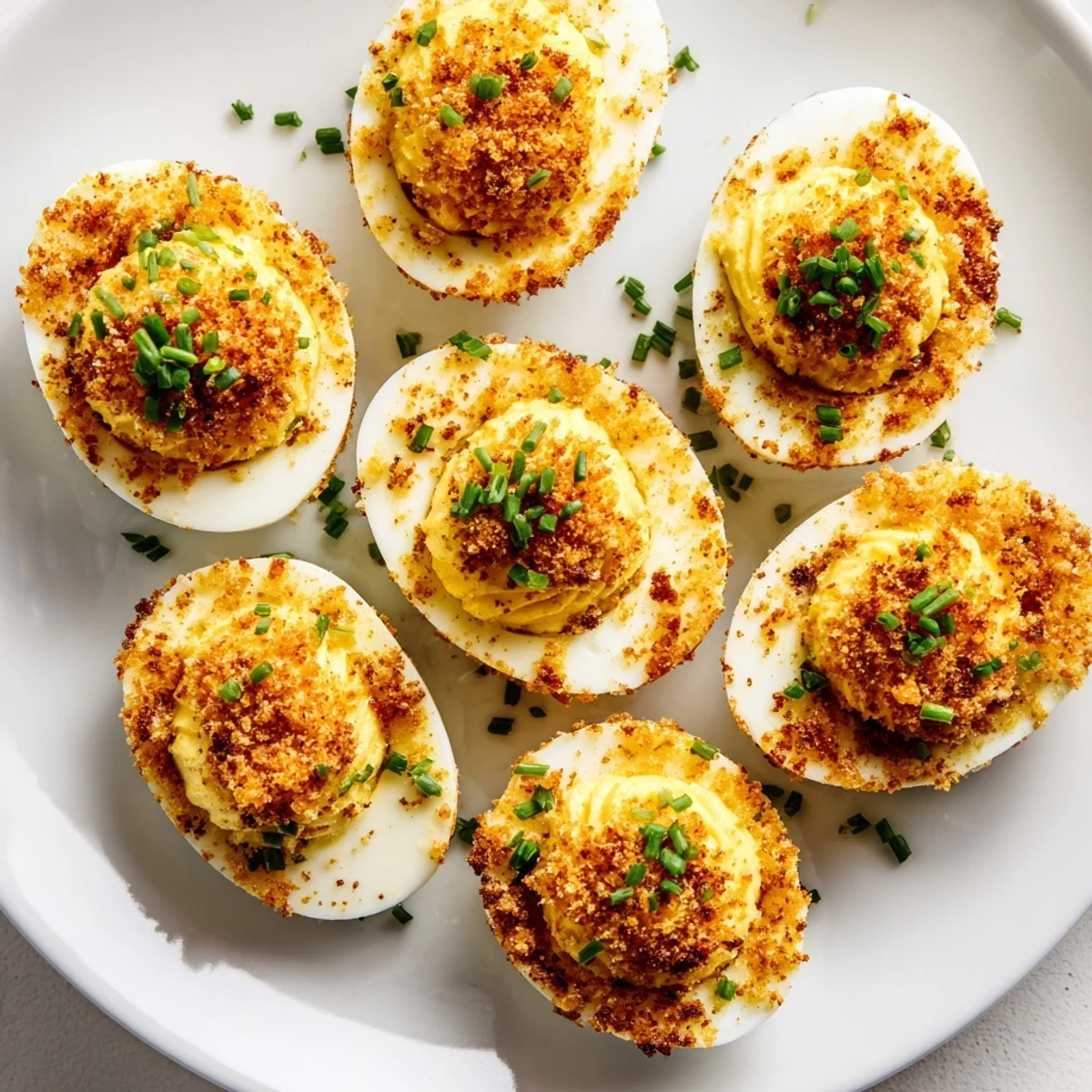 Crispy breaded deviled eggs plated on serving dish with smooth mustard mayonnaise center and paprika dusting