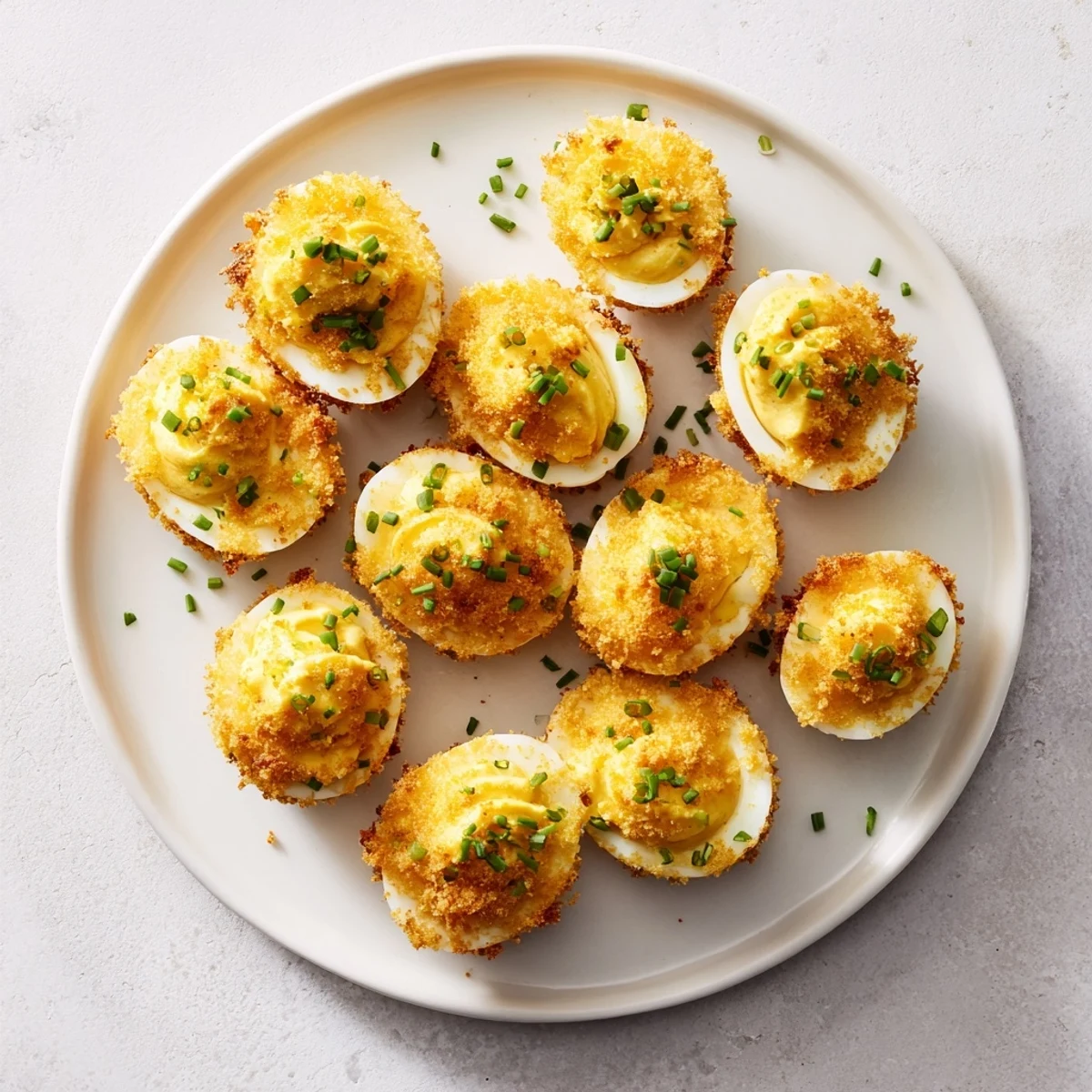 Fried deviled eggs appetizer showing golden brown crunch exterior topped with chopped chives ready for serving