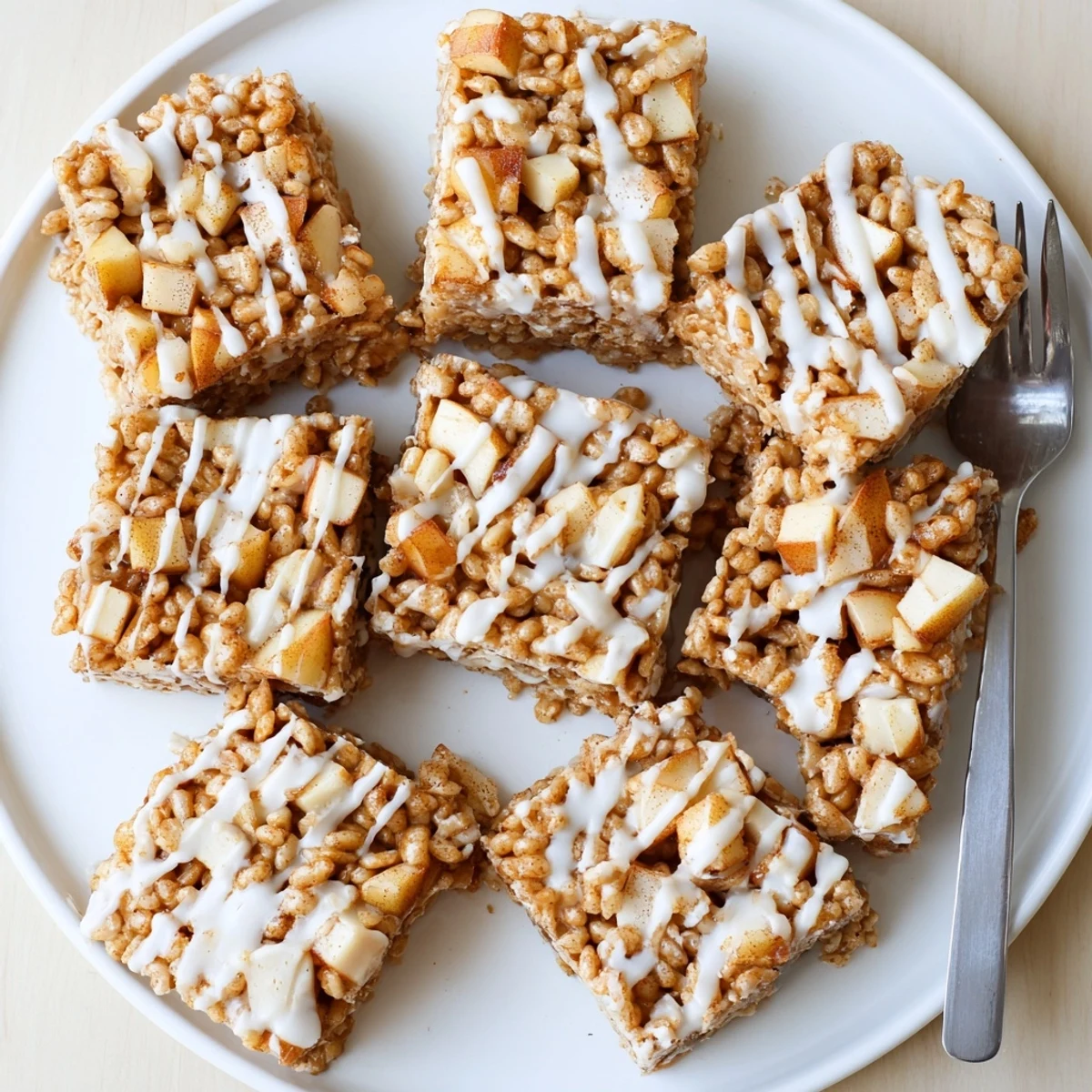 Square pan of apple pie Rice Krispie treats cut into neat individual servings