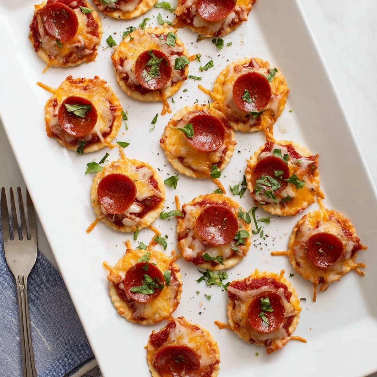 Golden baked beef pepperoni pizza crackers topped with melted mozzarella and fresh Italian herbs