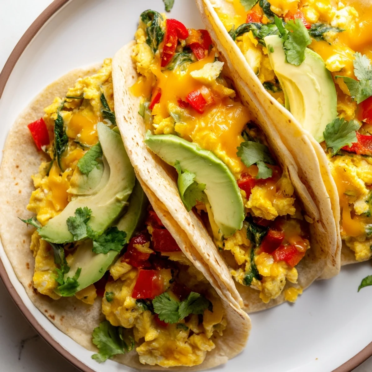 Golden baked breakfast tacos filled with fluffy eggs, melted cheese, and colorful vegetables