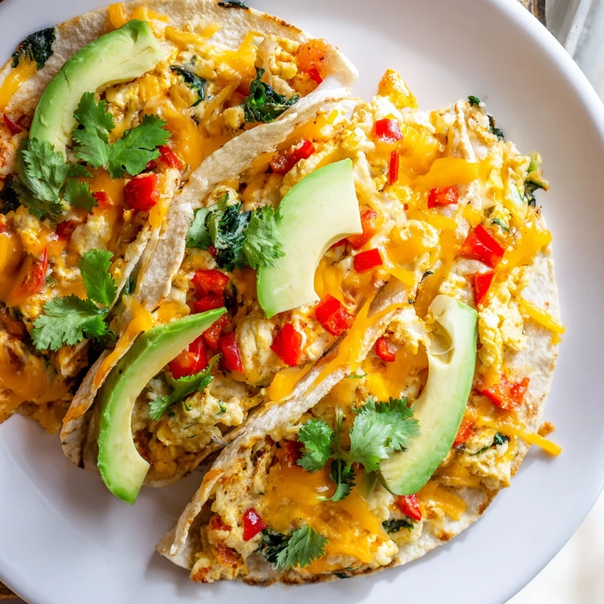 Crispy oven-baked breakfast tacos topped with fresh avocado, salsa, and cilantro garnish