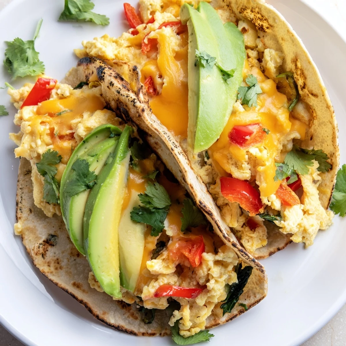 Savory breakfast tacos arranged on a baking sheet with bubbly cheddar and Monterey Jack cheese