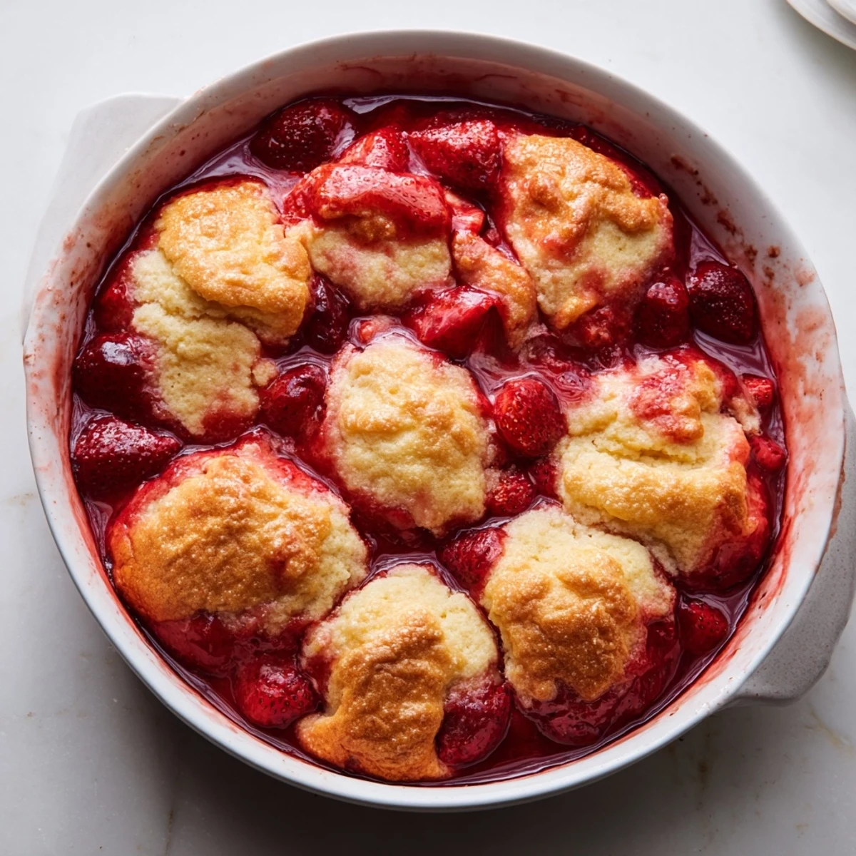 Golden homemade strawberry cobbler topped with scoops of vanilla ice cream