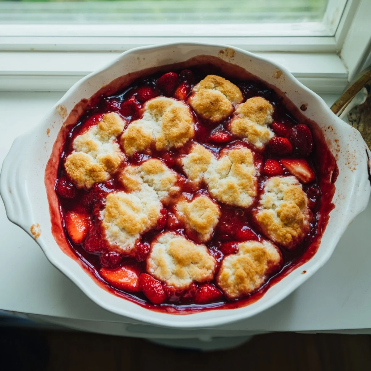 Fresh strawberry cobbler with bubbling red fruit beneath golden biscuit topping