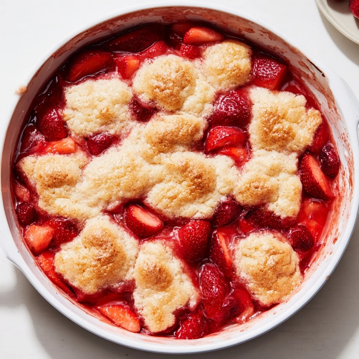 Baked fresh strawberry cobbler dessert with juicy berries and tender crust