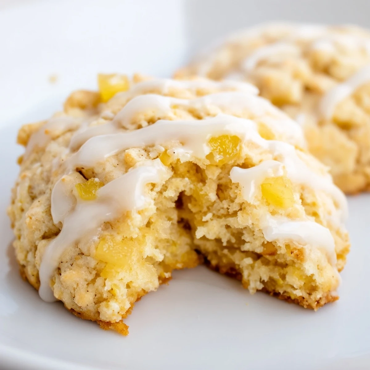Soft pineapple cookies drizzled with white glaze on a wire cooling rack