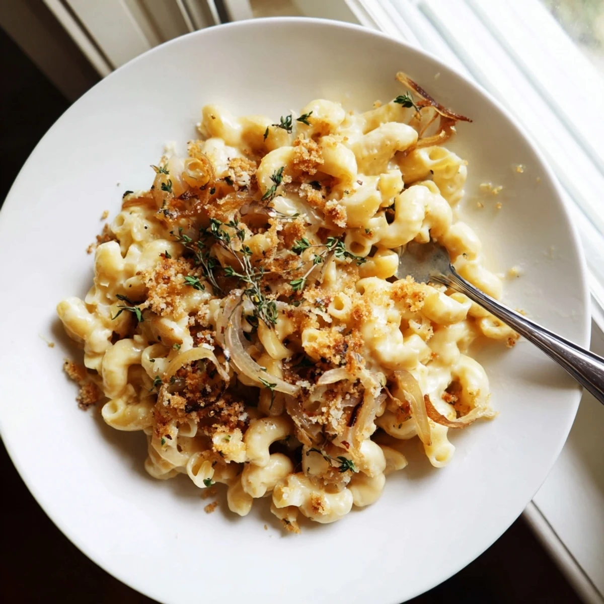 Creamy French onion mac and cheese topped with golden breadcrumbs and caramelized onions