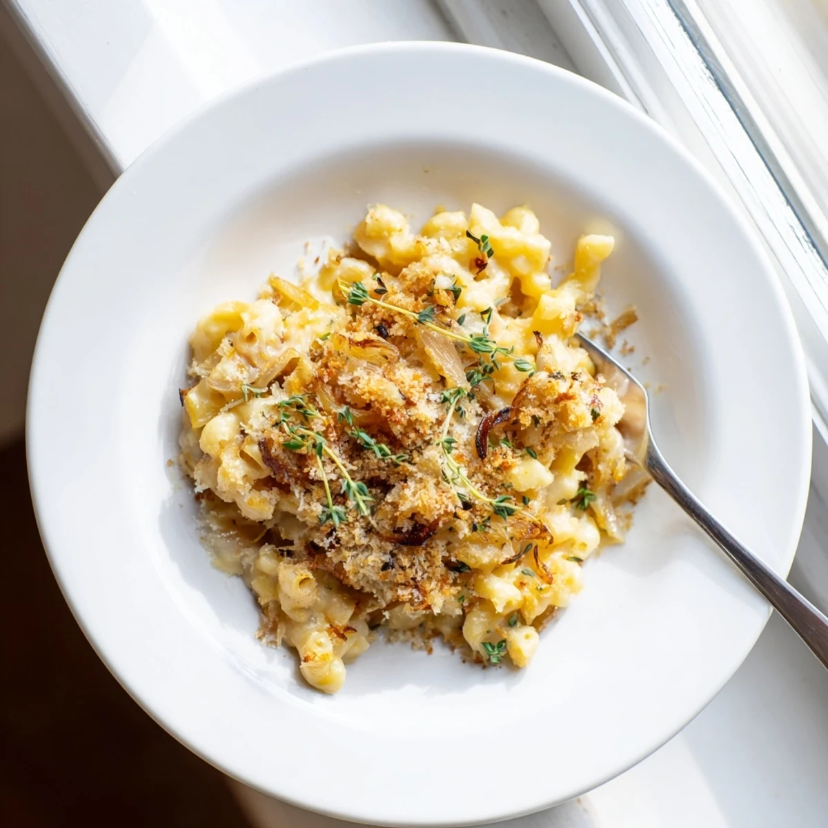Bubbling French onion mac and cheese baked with melted Gruyère and crispy panko topping