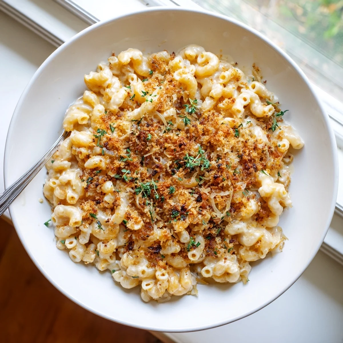 Golden brown French onion mac and cheese casserole with rich cheese sauce and sweet onions