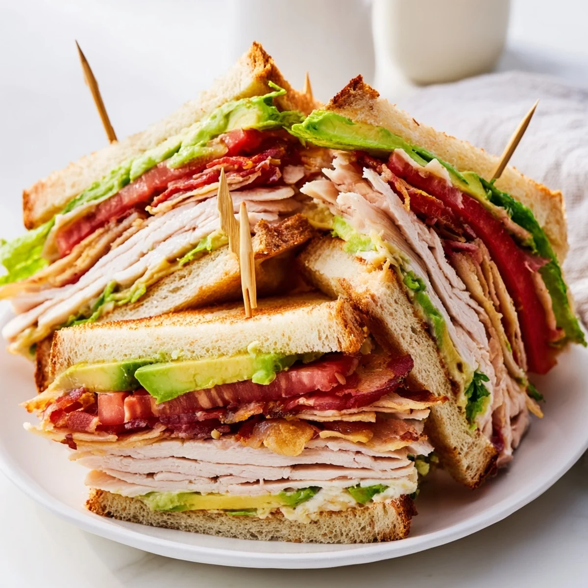 Triple-decker California club sandwich stacked with roasted turkey, bacon, avocado, and fresh vegetables on toasted bread