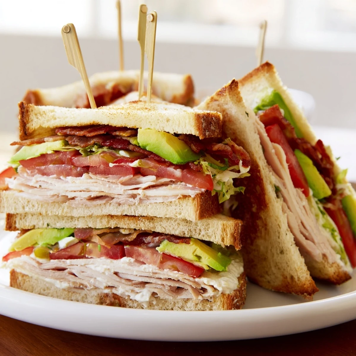 Generous layers of crispy bacon, ripe tomato, and creamy avocado fill this hearty California club sandwich on white bread