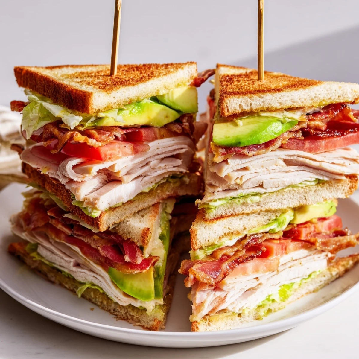 Golden toasted California club sandwich featuring turkey, lettuce, tomato slices, and savory bacon arranged in diagonal quarters