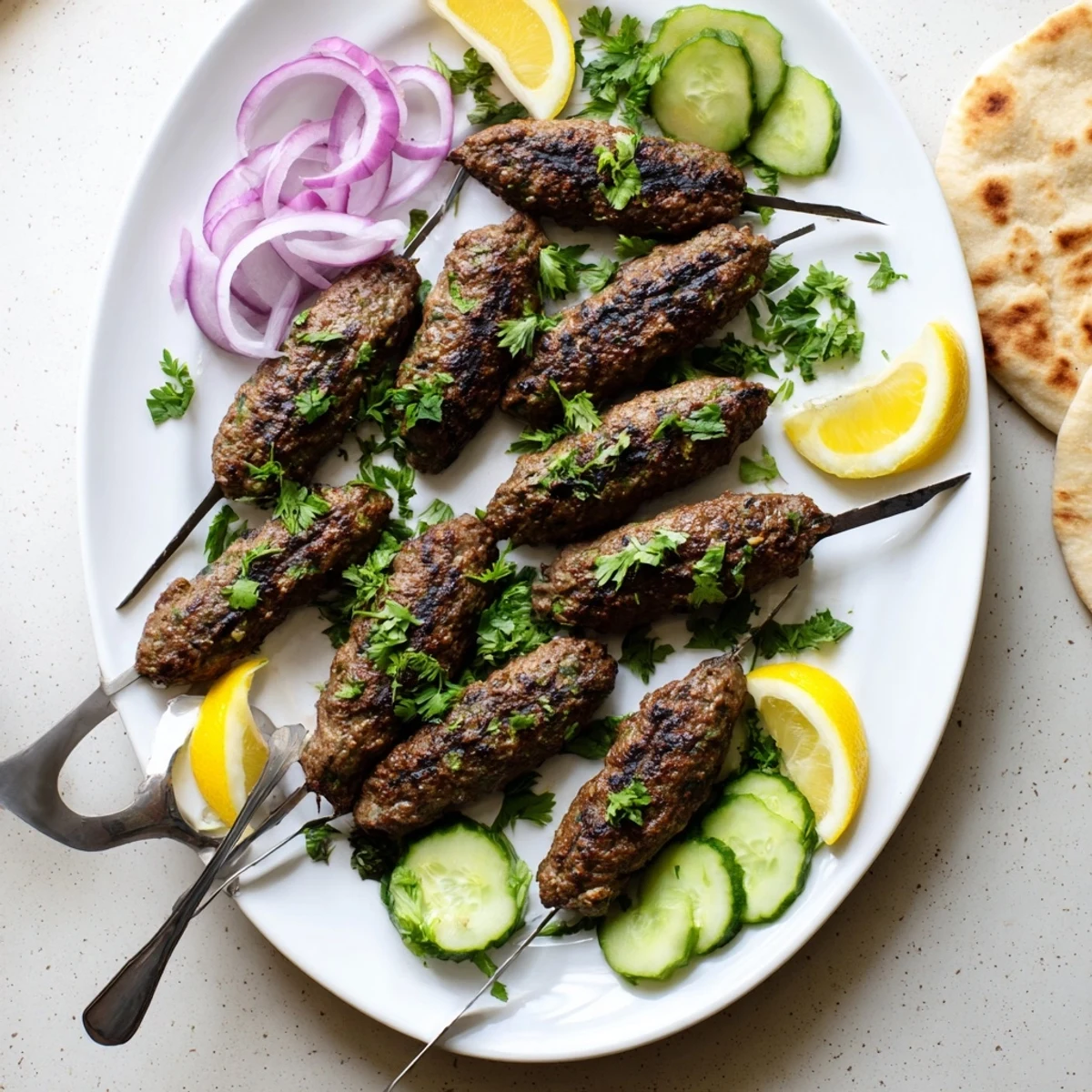 Golden brown beef kofta kebabs grilled to perfection on metal skewers with charred edges