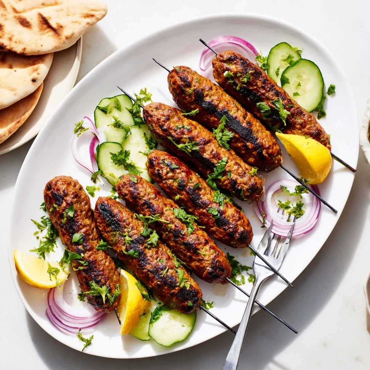 Juicy Middle Eastern beef kofta kebabs served on a platter with fresh lemon wedges and herbs