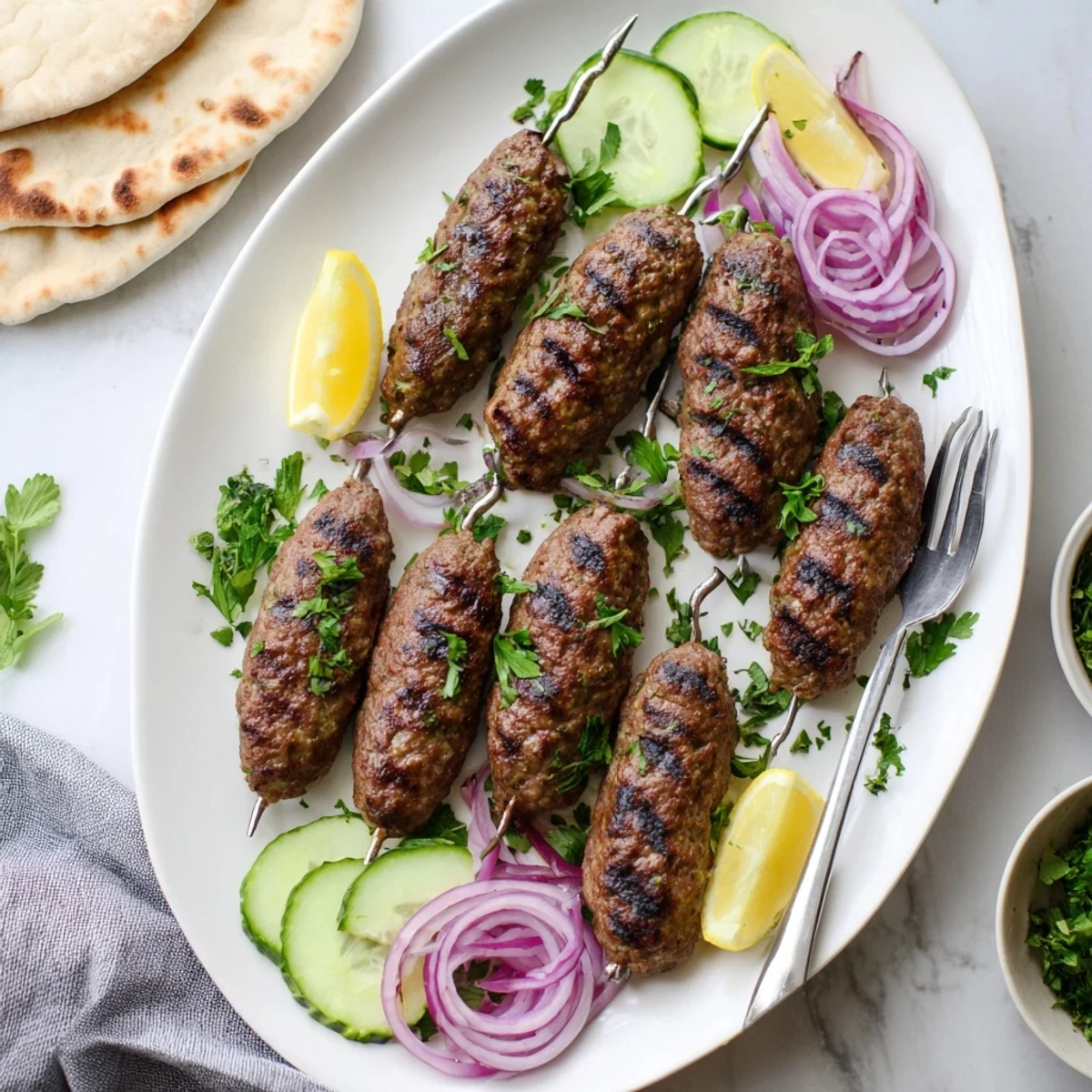 Homemade spiced beef kofta kebabs arranged on a wooden board with flatbread and cucumber slices