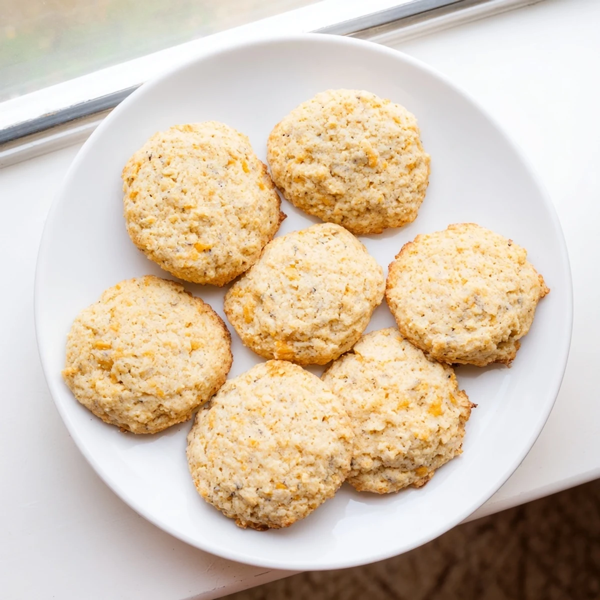 Savory protein biscuits split open revealing tender texture alongside morning coffee cup