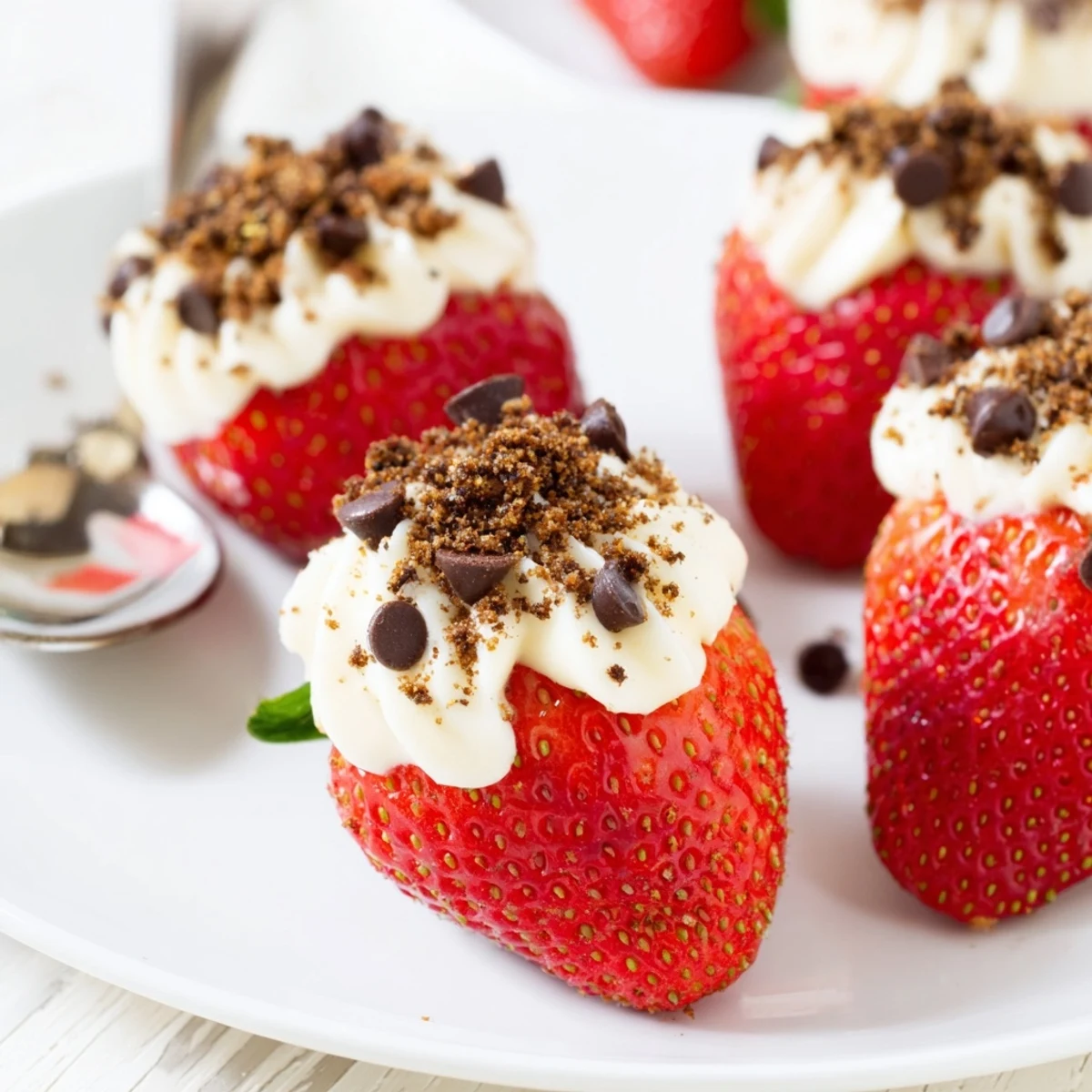 Romantic dessert of hollowed strawberries filled with light vanilla cheesecake and chocolate chip sprinkles
