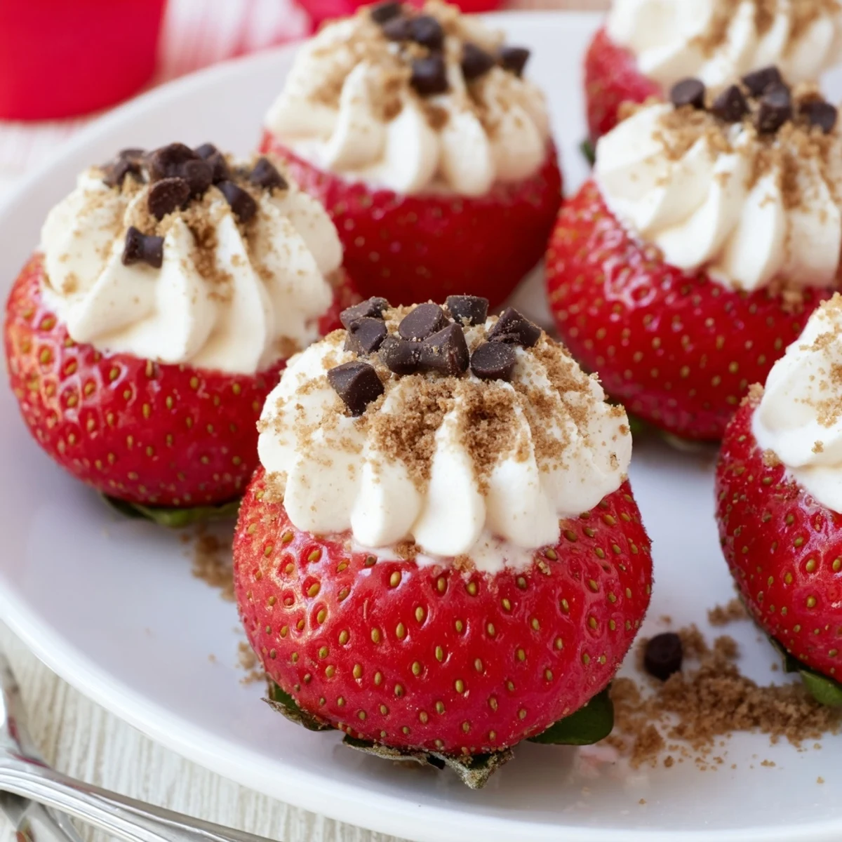 Sweetheart cheesecake deviled strawberries featuring swirled cream cheese mixture and mint leaf garnish